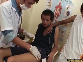 Asian twink gets cum explosion after threesome with doctors and oral sex
