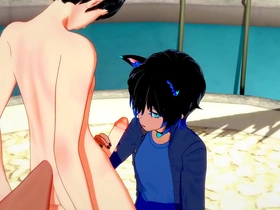 Crossdresser catboy and foxboy in bareback Yaoi action