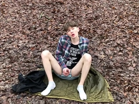 Hottest teen jerks off his massive cock in outdoor gay amateur video