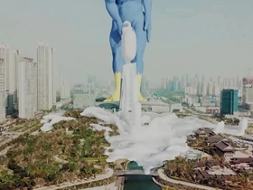 A colossal falcon's substantial phallus plummets in the metropolis