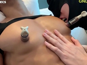 Two guys enjoying an Asian hunk's muscular nipples