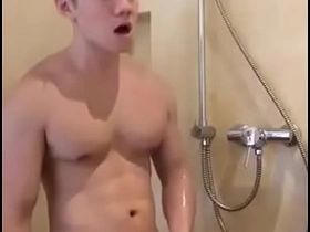 Asian hunk in shower cums